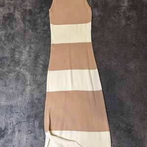 Elegant Tan and Cream Striped Maxi Dress
